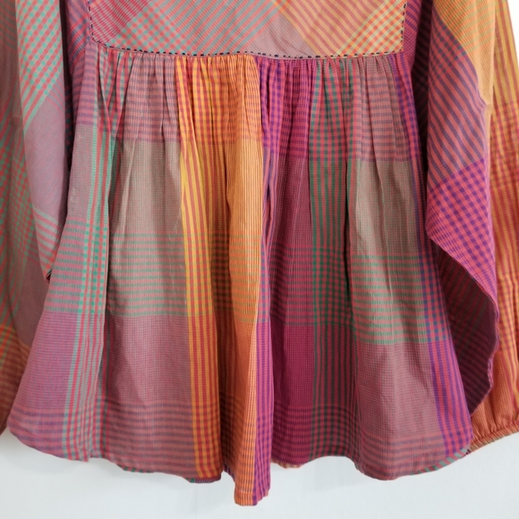 World Market Boho Checker Print Plaid Balloon Sleeve Blouse Size L/XL - Picture 4 of 8